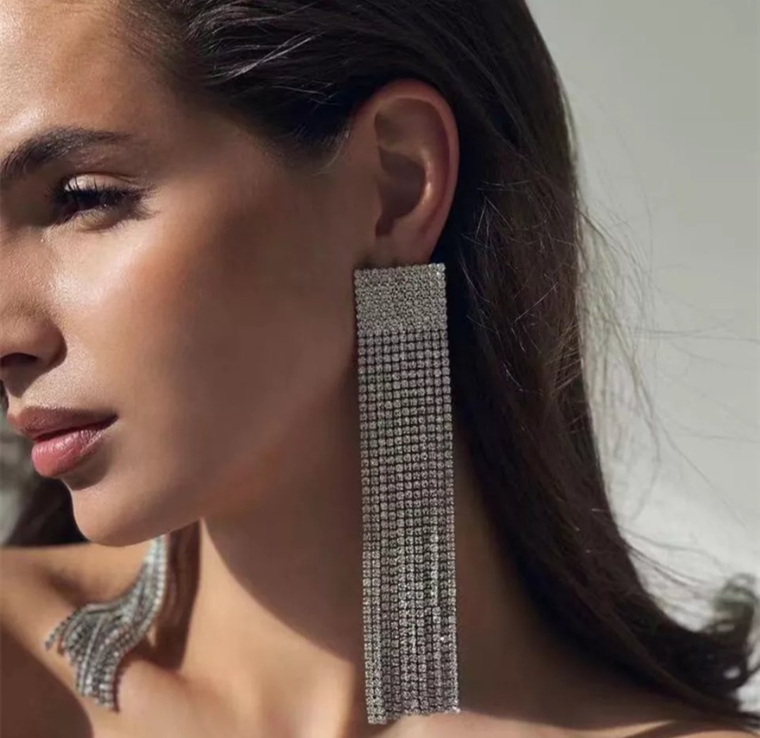 Silver square long tassel earrings